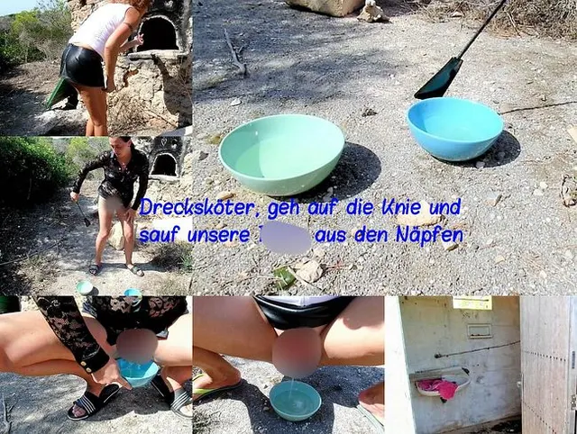 Drecksköder geh auf die Knie und unsere Pisse aus den Näpfen