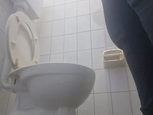 Furze und Pinkeln in der öffentlichen Toilette, ein schönes italienisches Mädchen pisst und furzt