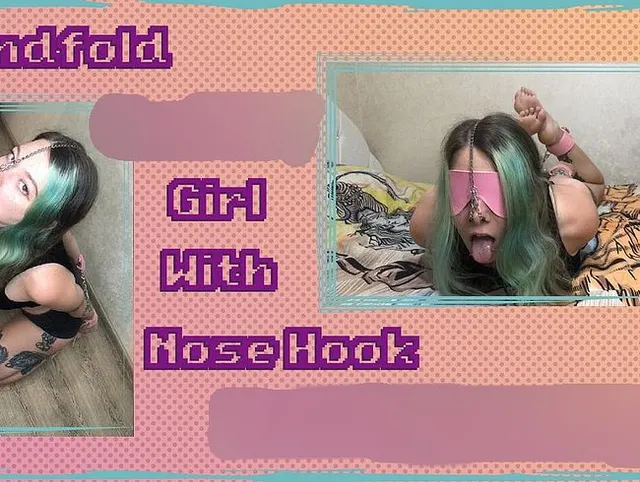Sehr heißes alternatives Mädchen, gefesselt und mit Augenbinde, mit Nasenhaken und Blowjob-Dildo.