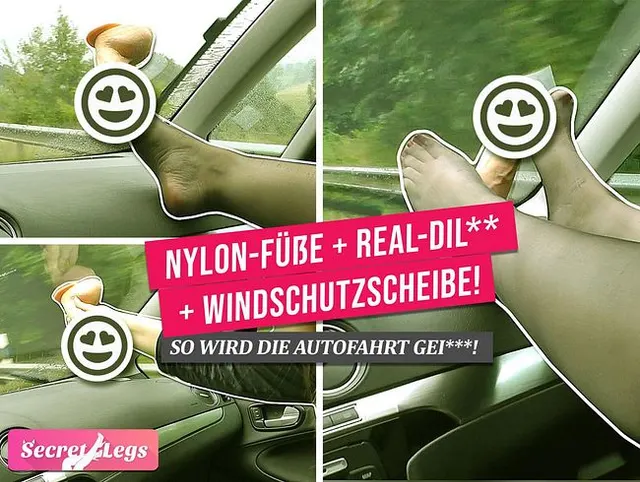 Nylon-Füße + Real-Dildo + Windschutzscheibe - So wird die Autofahrt geiler!