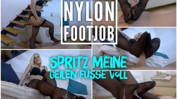 Aufgestrapster NYLON FOOTJOB | Spritz meine geilen Füsse voll