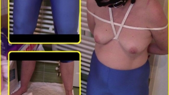 Bondage pissing in blue leggings