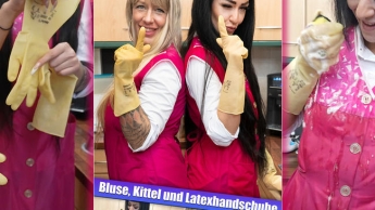 Einfach geil putzen mit Tracy zusammen in weißen Blusen Kittel und Latex Gloves