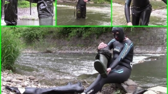 Ganzkörperanzug aus Neopren und zwei Paar Waders