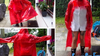 Geiles feuchtes Wetlook Vergnügen mit Kittel Lack Regenmantel und Hunter Gummistiefel