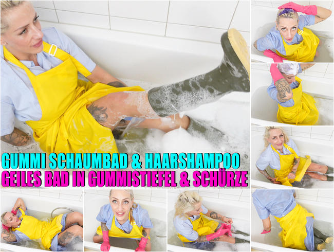 Gummi Schaumbad und Haare shampoonieren mit Kittel Gummischürze Gummistiefel und Gummihandschuhen