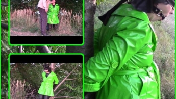 Handcuffed in green shiny raincoat