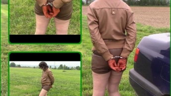 Handcuffed in retro brown leather outfit