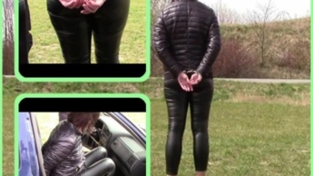 Handcuffed in tight leather pants