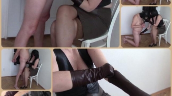 Handjob in brown leather gloves to the elbow