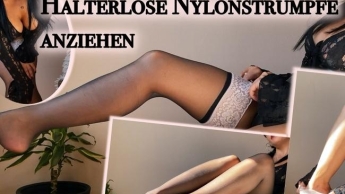 Heiße halterlose Nylonstrümpfe anziehen