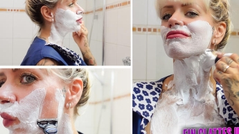 Kittel FaceShave Nassrasur im geilen blauen raschel Nylonkittel