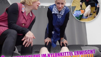 Kittelsklave beim wichsen im Nylonkittel erwischt und nun wichst die Kittelschlampe vor uns
