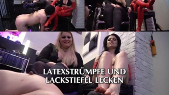 Latexstrümpfe und Lackstiefel lecken und danach verschwitzte Füsse riechen