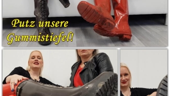 Lecksklave darf die Hunter Gummistiefel von zwei Herrinnen sauber lecken (POV)