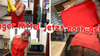 Mein langer roter Kittel jetzt noch geiler und dazu gelbe Latex Gummihandschuhe und Bandana
