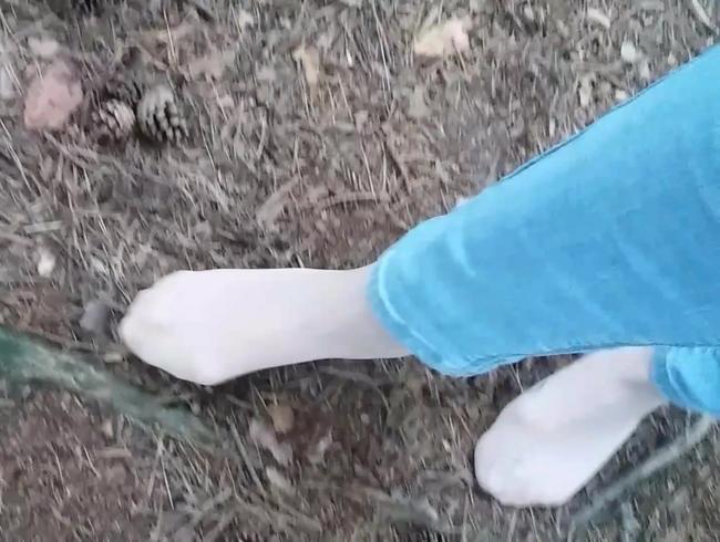 Nylonfüße auf dem Waldboden