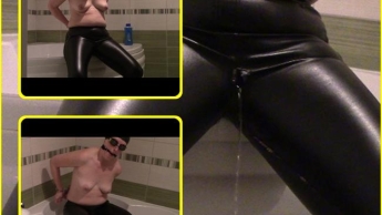 Pissing in leaky leather jeans