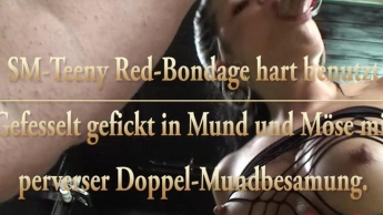 SM-Teeny Amanda Jane mit Red-Bondage gefesselt von 2 Schwänzen benutzt mit Mundbesamung