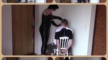 Sexy stylist in leather. Part 1: Haircut handcuffed customer.