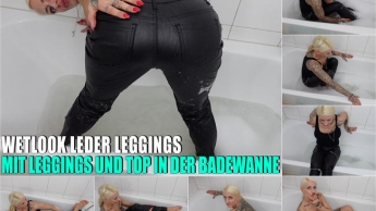 Wetlook User Wunsch: Mit Leder Leggings und schwarzem Top in die Badewanne