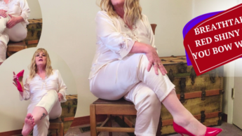 Atemberaubend glänzende rote High Heels. Du kniest und verneigst dich, um meine Göttin anzubeten
