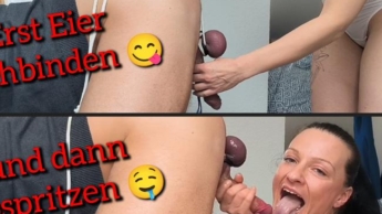 Erst Eier hochbinden und dann zum Abspritzen bringen :-)