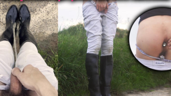 Sissyschlampe pisst auf ihre Reitstiefel während sie Analplug trägt