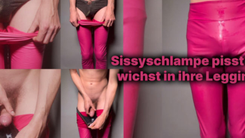 Sissyschlampe pisst in ihren Slip und Leggings, wichst danach in das Höschen