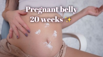 Schwangerer Bauch! 20 wochen! Ich schmiere es mit Sahne ein! Phantasie