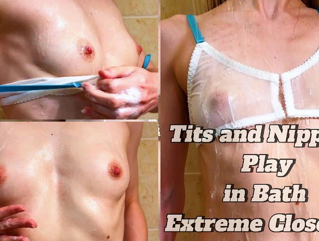 Titten und Brustwarzen spielen in der Badewanne, extreme Nahaufnahme