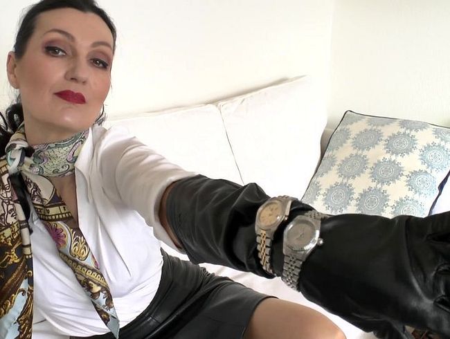 Verschiedene Uhren Anprobe, Armbanduhren Fetisch, Lange schwarze Lederhandschuhe, Joi Lady Victoria