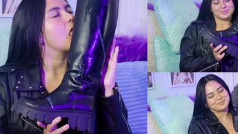 Lucy leckt und saugt Sperma von Lederstiefeln