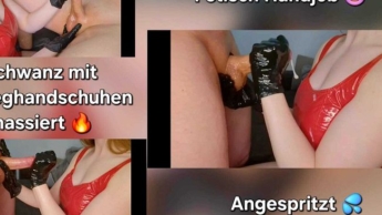 Handjob im sexy roten Lackkleid und schwarzen Einweghandschuhen