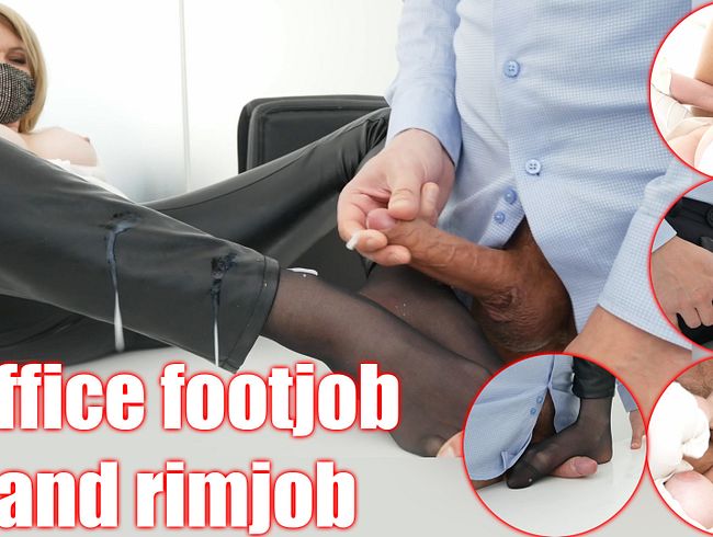 Büro-MILF-Footjob in Nylons, Rimming und Sperma auf bestrumpften Füßen
