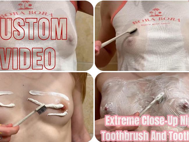 Extreme Nahaufnahme: Nippel werden mit Zahnbürste und Zahnpasta geärgert.