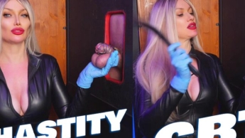 Domina im Leder-Catsuit vergewaltigt eingesperrten Penis: Vibrator, Paddel, Sounding & Handschuh-Abspritzer